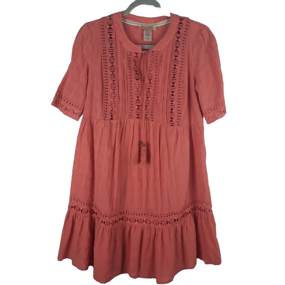 Davina Bohemian Short Sleeve Crochet Detail Mini Dress With Lining - Picture 2 of 12